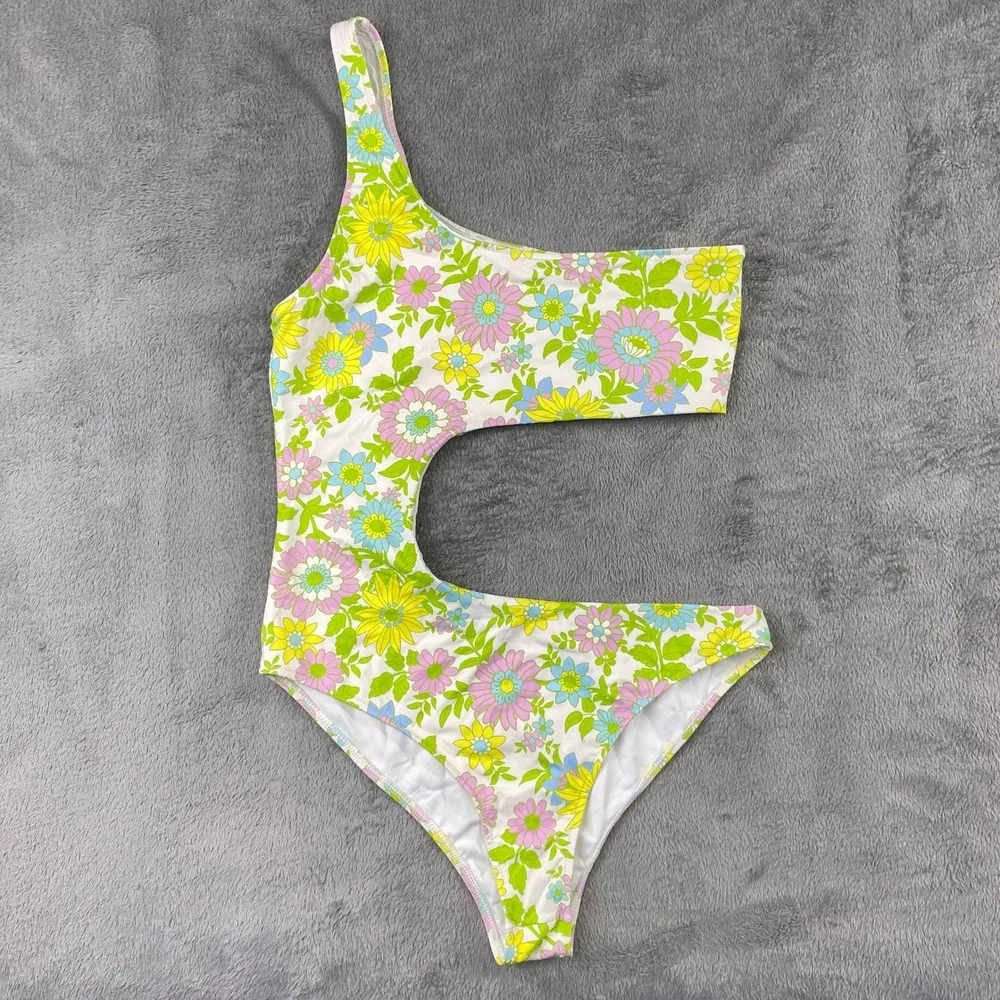 Frankies‎ Bikinis One Piece Swimsuit Womens Small Multicolor Floral Cutout Retro